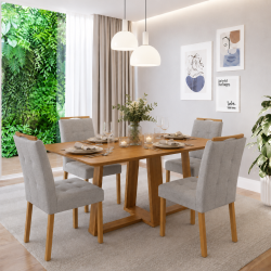 Mesa de Jantar Rubi 160x90cm S/ Vidro - Cinamomo + 4 Cadeiras Julia - Linho Cinza