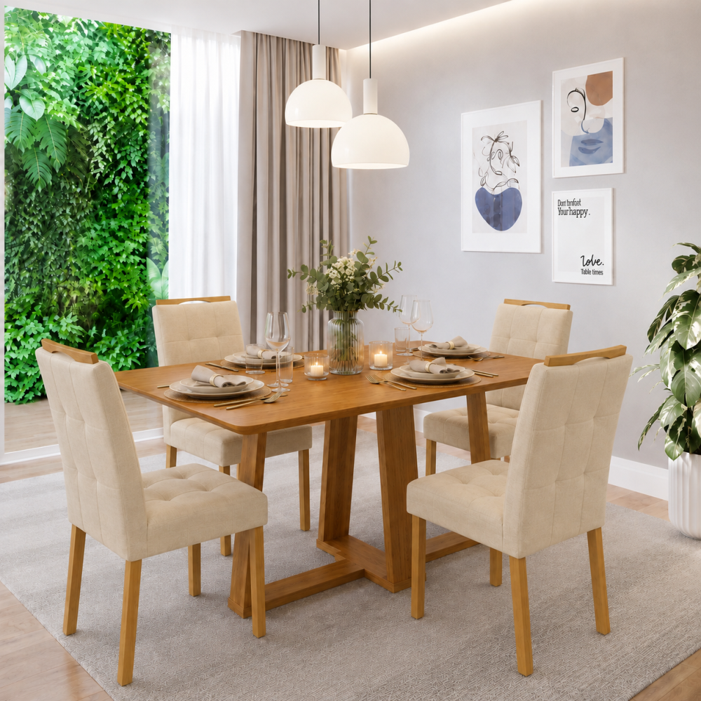 Mesa de Jantar Rubi 160x90cm S/ Vidro - Cinamomo + 4 Cadeiras Julia - Veludo Bege