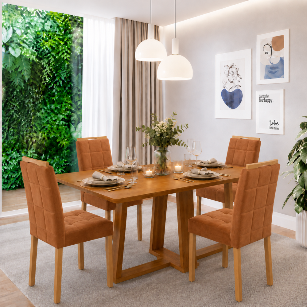 Mesa de Jantar Rubi 160x90cm S/ Vidro - Cinamomo + 4 Cadeiras Julia - Veludo Terracota