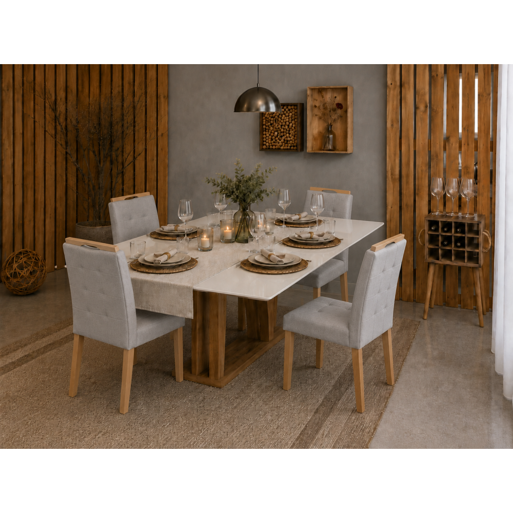 Mesa de Jantar Rubi 160x90cm Com Tampo de Vidro - Cinamomo/Off White + 4 Cadeiras Julia - Linho Cinza