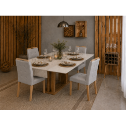 Mesa de Jantar Rubi 160x90cm Com Tampo de Vidro - Cinamomo/Off White + 4 Cadeiras Julia - Linho Cinza