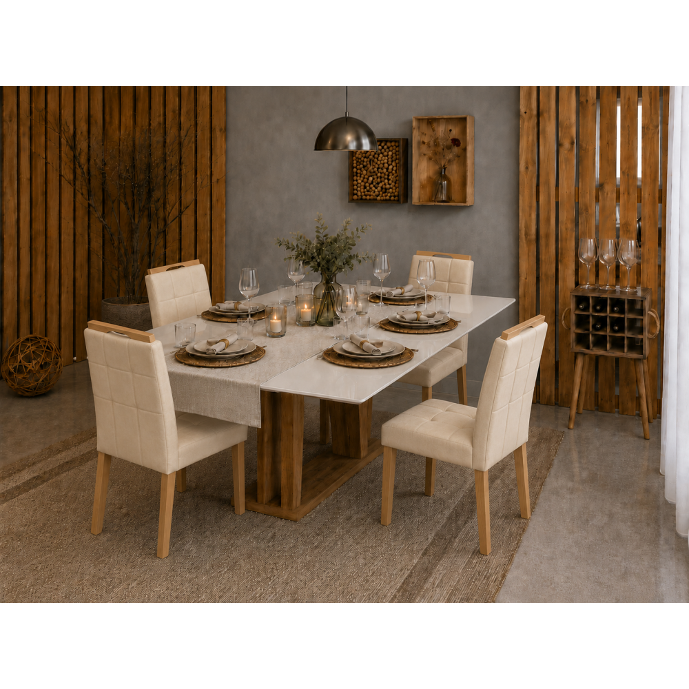 Mesa de Jantar Rubi 160x90cm Com Tampo de Vidro - Cinamomo/Off White + 4 Cadeiras Julia - Veludo Bege