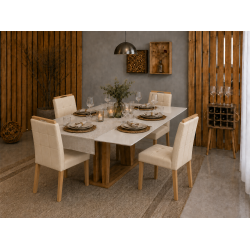 Mesa de Jantar Rubi 160x90cm Com Tampo de Vidro - Cinamomo/Off White + 4 Cadeiras Julia - Veludo Bege