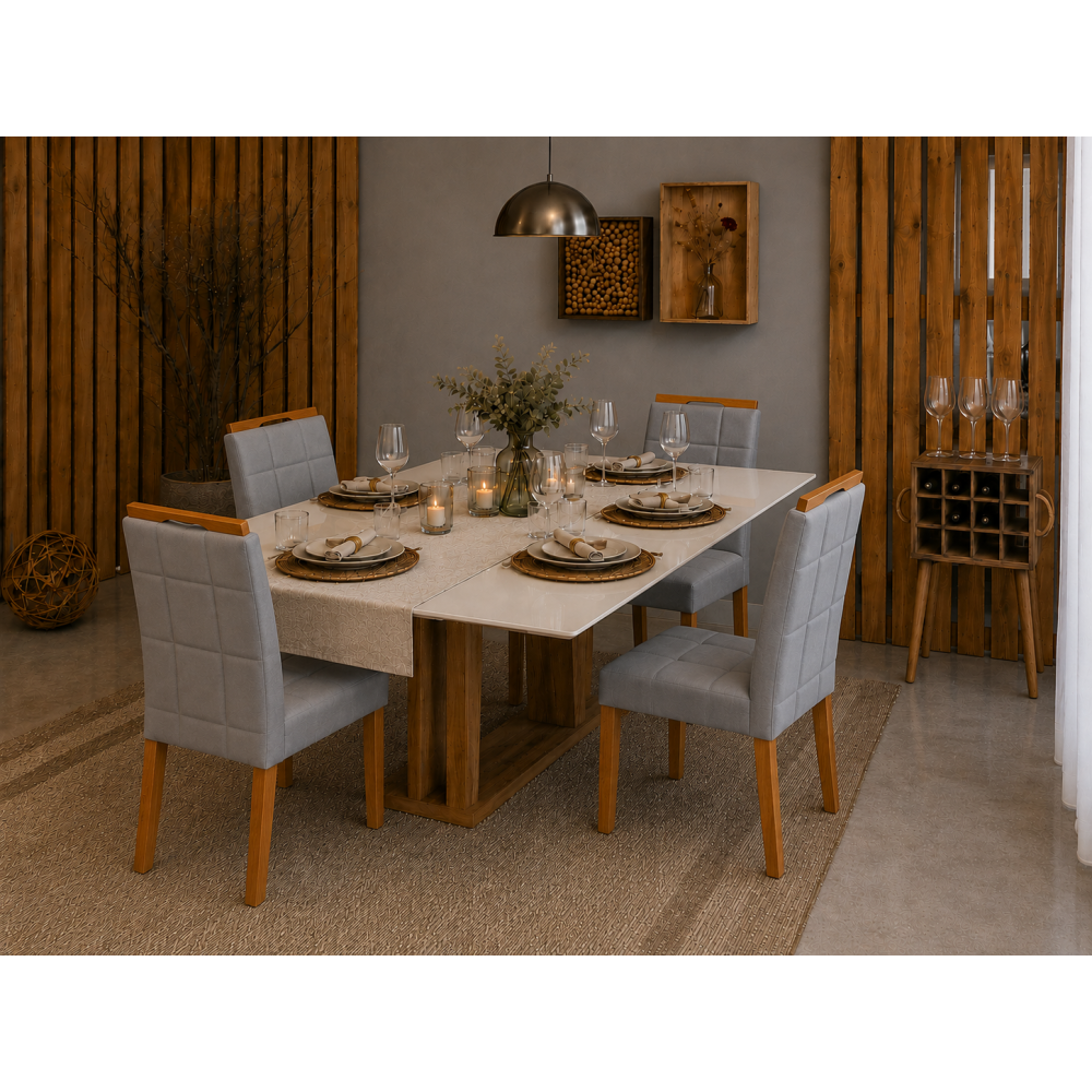Mesa de Jantar Rubi 160x90cm Com Tampo de Vidro - Cinamomo/Off White + 4 Cadeiras Julia - Veludo Cinza