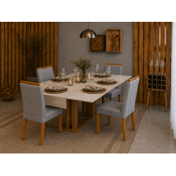 Mesa de Jantar Rubi 160x90cm Com Tampo de Vidro - Cinamomo/Off White + 4 Cadeiras Julia - Veludo Cinza