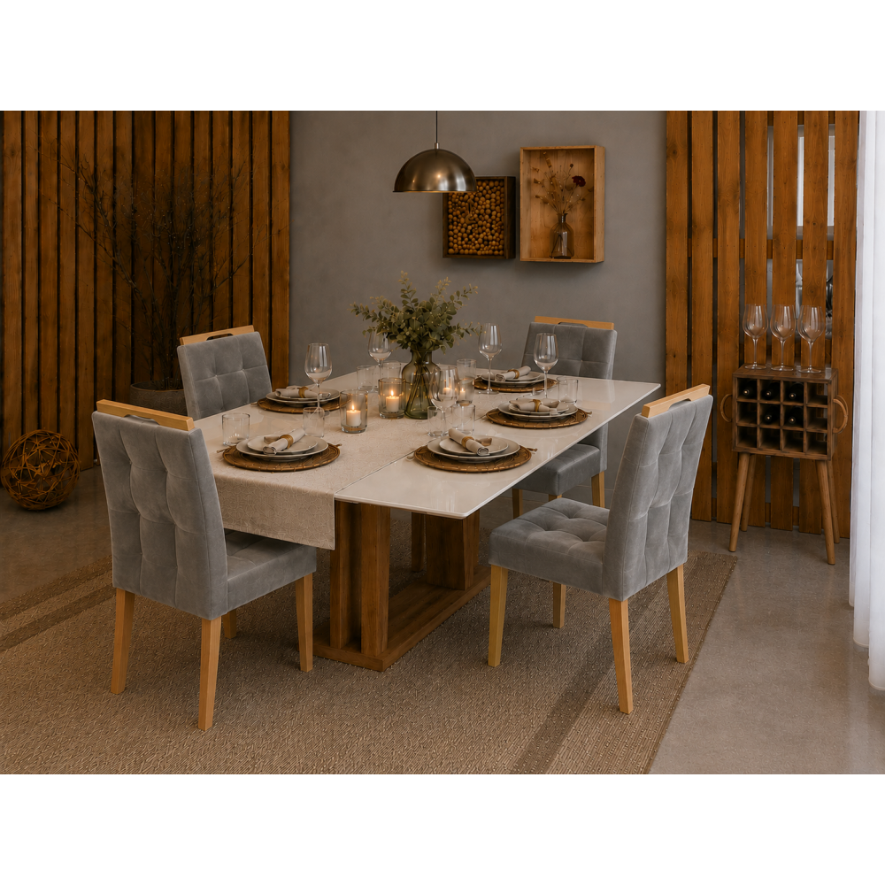 Mesa de Jantar Rubi 160x90cm Com Tampo de Vidro - Cinamomo/Off White + 4 Cadeiras Julia - Veludo Prata