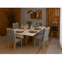 Mesa de Jantar Rubi 160x90cm Com Tampo de Vidro - Cinamomo/Off White + 4 Cadeiras Julia - Veludo Prata