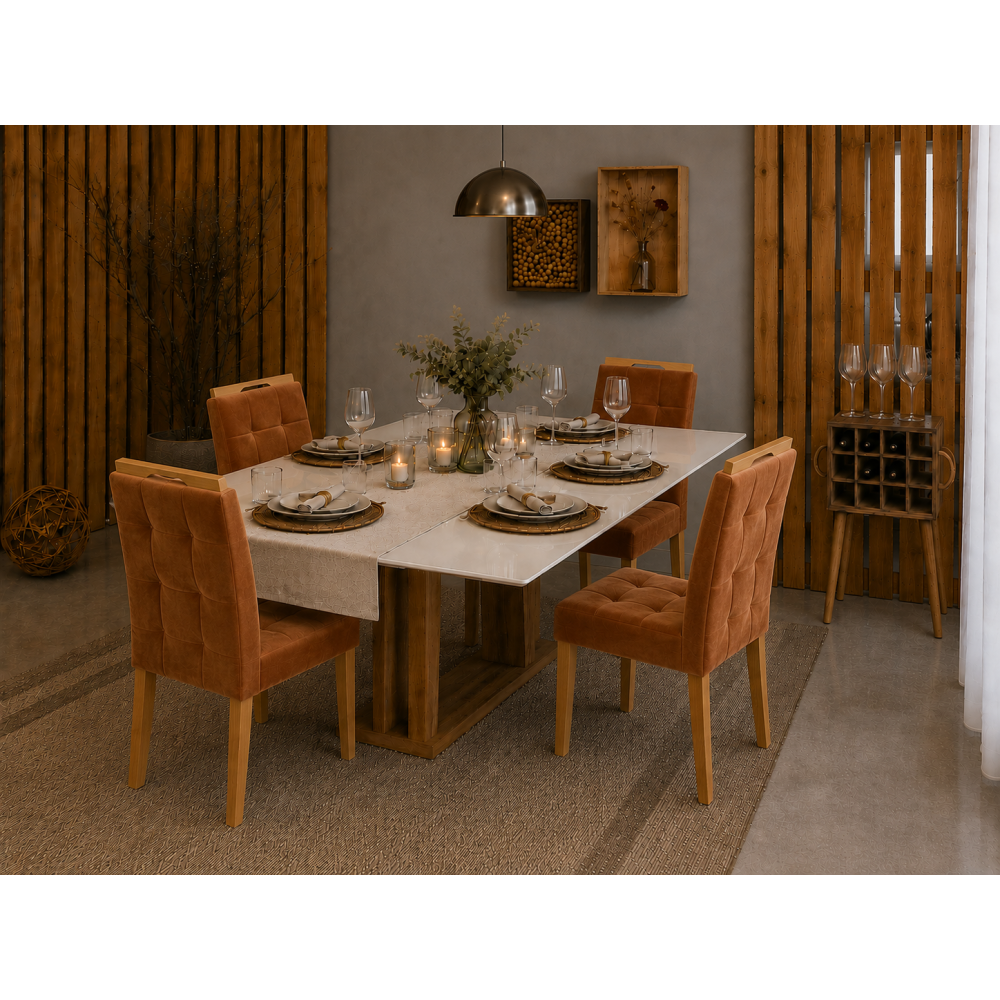 Mesa de Jantar Rubi 160x90cm Com Tampo de Vidro - Cinamomo/Off White + 4 Cadeiras Julia - Veludo Terracota