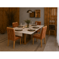 Mesa de Jantar Rubi 160x90cm Com Tampo de Vidro - Cinamomo/Off White + 4 Cadeiras Julia - Veludo Terracota