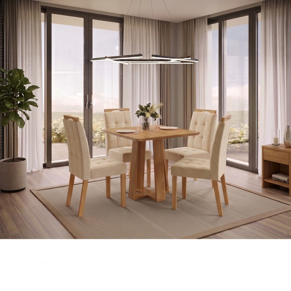 Mesa de Jantar Rubi 90x90cm S/ Vidro - Cinamomo + 4 Cadeiras Julia - Veludo Bege