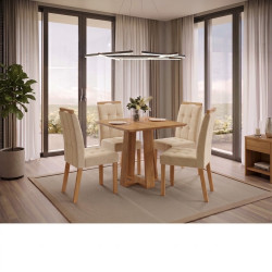 Mesa de Jantar Rubi 90x90cm S/ Vidro - Cinamomo + 4 Cadeiras Julia - Veludo Bege