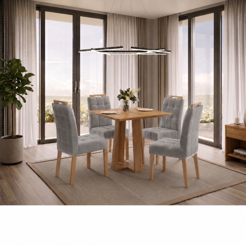 Mesa de Jantar Rubi 90x90cm S/ Vidro - Cinamomo + 4 Cadeiras Julia - Veludo Prata
