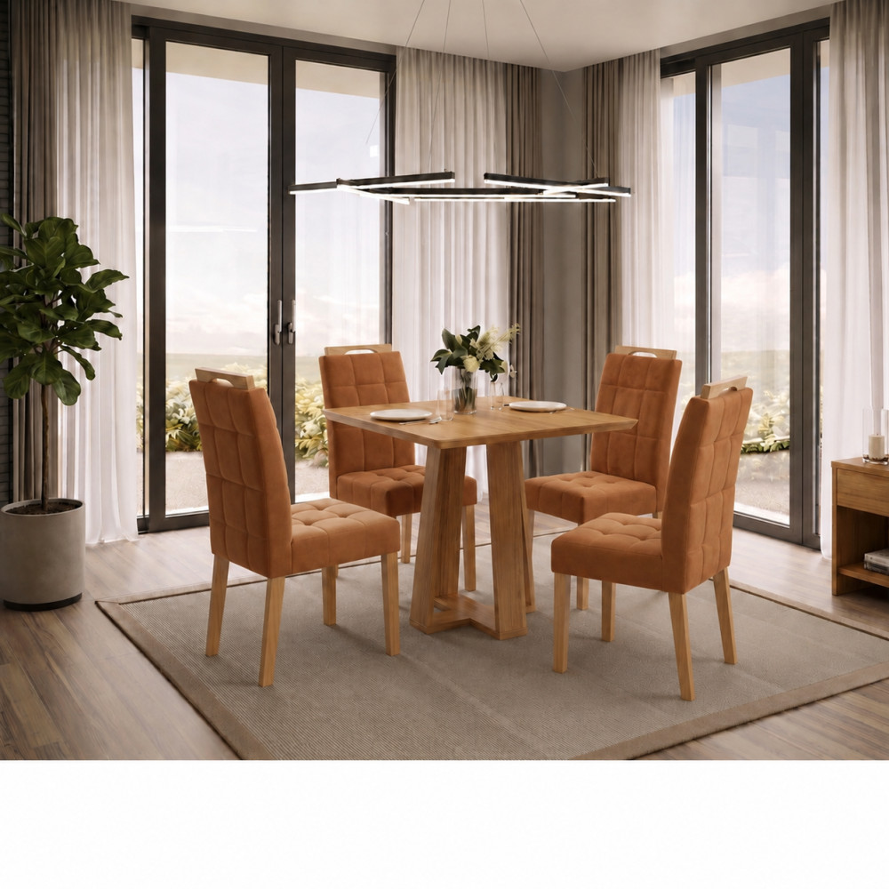 Mesa de Jantar Rubi 90x90cm S/ Vidro - Cinamomo + 4 Cadeiras Julia - Veludo Terracota