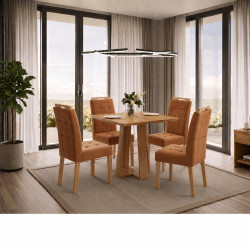 Mesa de Jantar Rubi 90x90cm S/ Vidro - Cinamomo + 4 Cadeiras Julia - Veludo Terracota