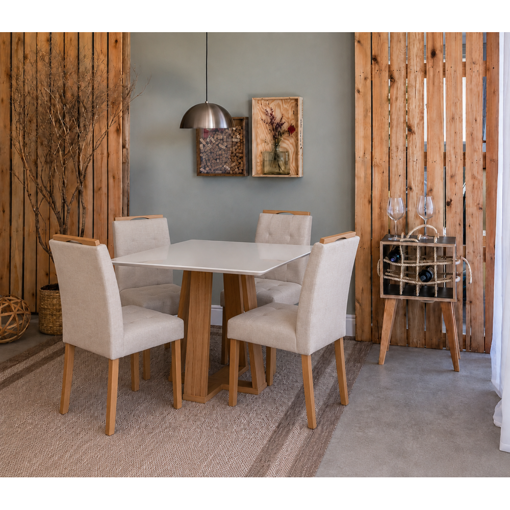 Mesa de Jantar Rubi 90x90cm Com Tampo de Vidro - Cinamomo + 4 Cadeiras Julia - Linho Bege