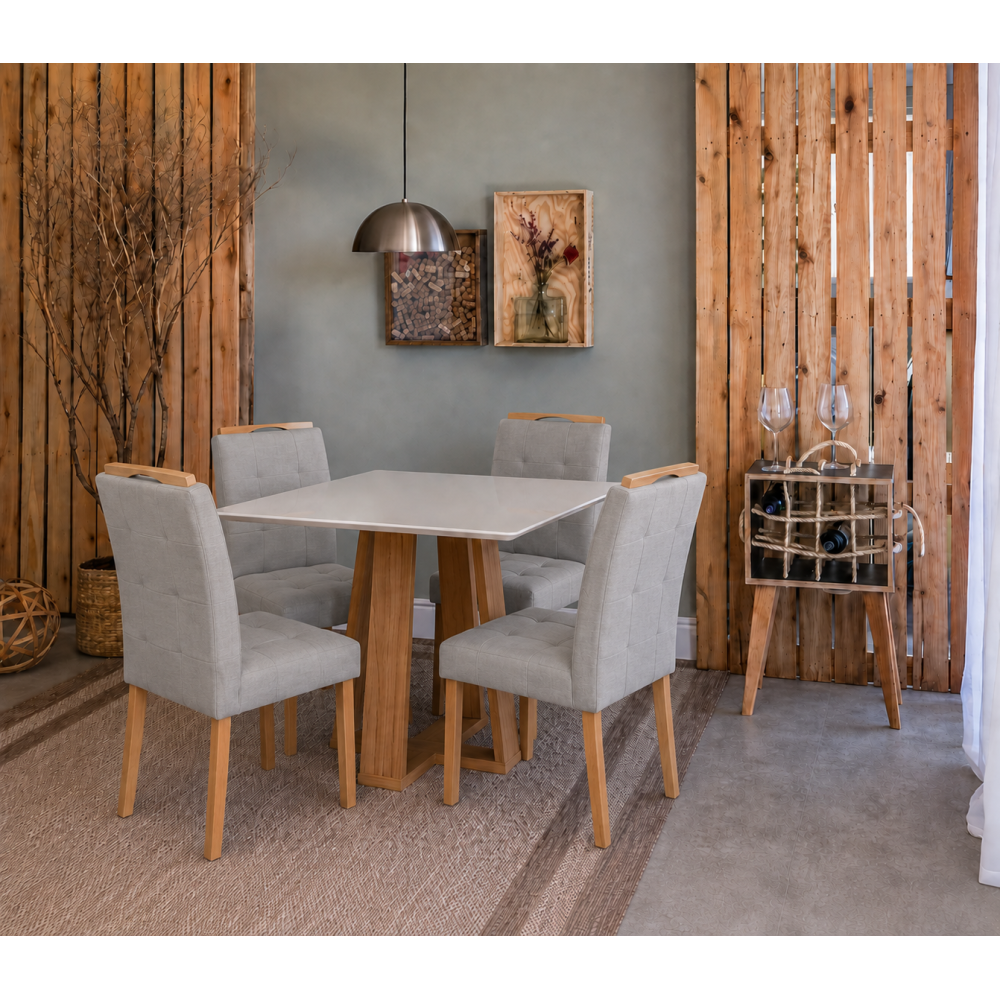 Mesa de Jantar Rubi 90x90cm Com Tampo de Vidro - Cinamomo + 4 Cadeiras Julia - Linho Cinza