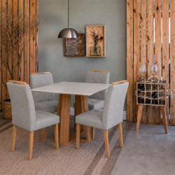 Mesa de Jantar Rubi 90x90cm Com Tampo de Vidro - Cinamomo + 4 Cadeiras Julia - Linho Cinza