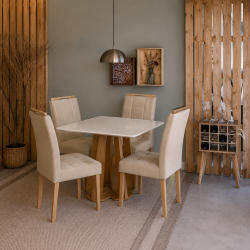 Mesa de Jantar Rubi 90x90cm Com Tampo de Vidro - Cinamomo + 4 Cadeiras Julia - Veludo Bege