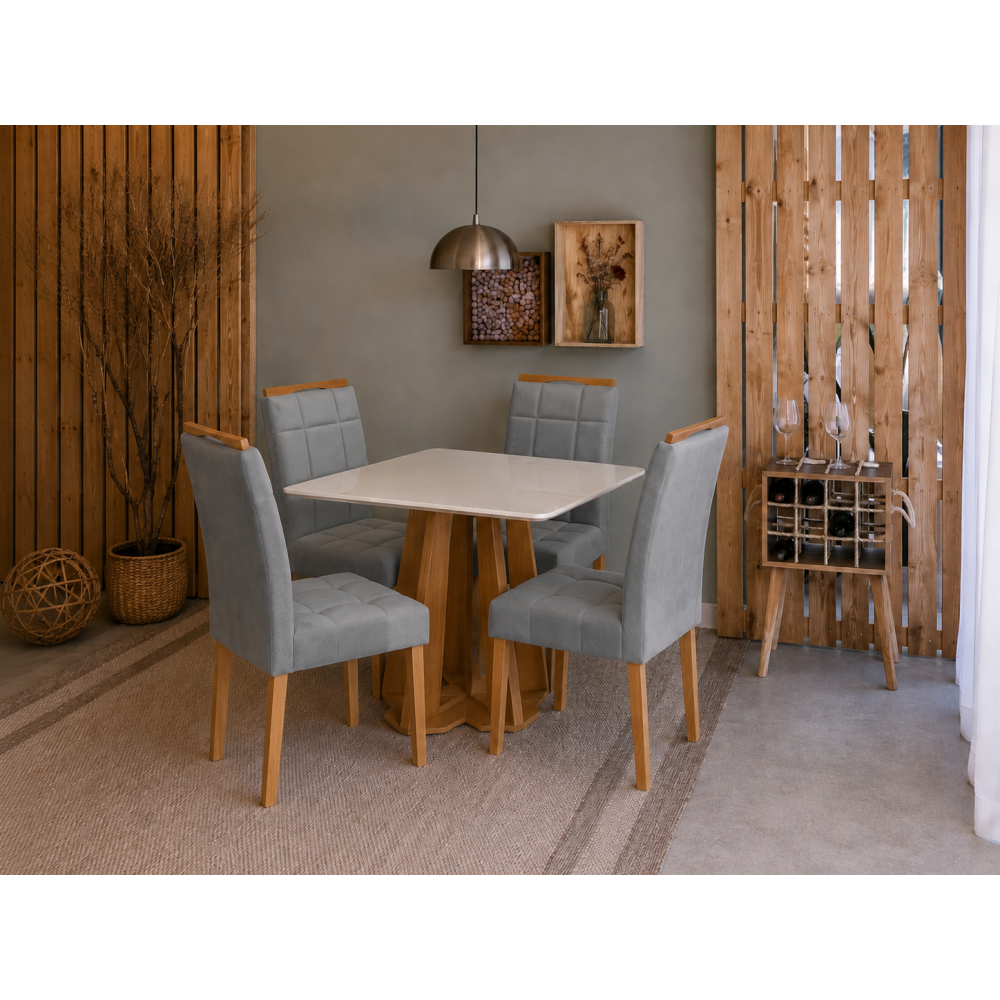 Mesa de Jantar Rubi 90x90cm Com Tampo de Vidro - Cinamomo + 4 Cadeiras Julia - Veludo Cinza