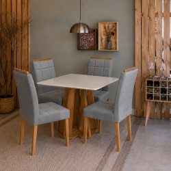Mesa de Jantar Rubi 90x90cm Com Tampo de Vidro - Cinamomo + 4 Cadeiras Julia - Veludo Cinza