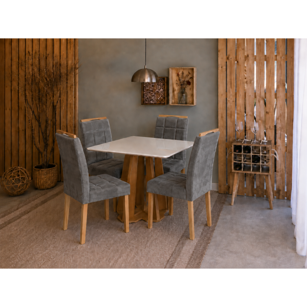 Mesa de Jantar Rubi 90x90cm Com Tampo de Vidro - Cinamomo + 4 Cadeiras Julia - Veludo Prata