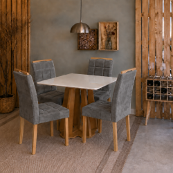 Mesa de Jantar Rubi 90x90cm Com Tampo de Vidro - Cinamomo + 4 Cadeiras Julia - Veludo Prata