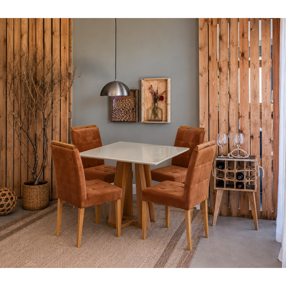 Mesa de Jantar Rubi 90x90cm Com Tampo de Vidro - Cinamomo + 4 Cadeiras Julia - Veludo Terracota