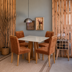 Mesa de Jantar Rubi 90x90cm Com Tampo de Vidro - Cinamomo + 4 Cadeiras Julia - Veludo Terracota