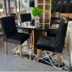 Mesa de Jantar Lívia 120x90 com Tampo Preto c/ Canto Copo Boleado e 4 Cadeiras Dafne Preto - Rufato