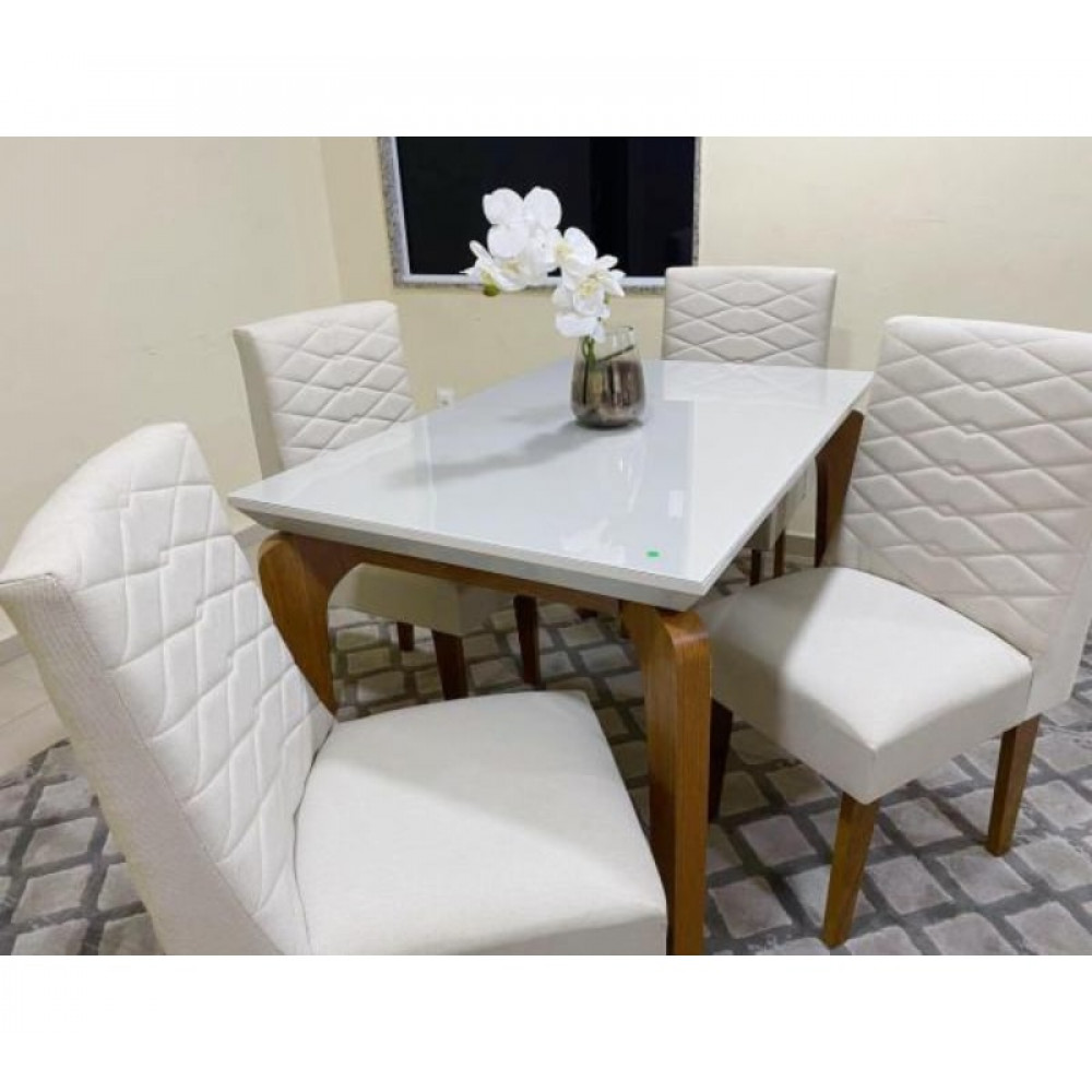 Mesa de Jantar Londrina 120 Canto Reto com c/ 4 cadeiras Dafne – Imbuia com Assento Bege – Vidro Off White / Imbuia