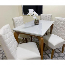 Mesa de Jantar Londrina 120 Canto Reto com c/ 4 cadeiras Dafne – Imbuia com Assento Bege – Vidro Off White / Imbuia Mesa de Jantar Londrina 120 Canto Reto com c/ 4 cadeiras Dafne – Imbuia com Assento Bege – Vidro Off White / Imbuia