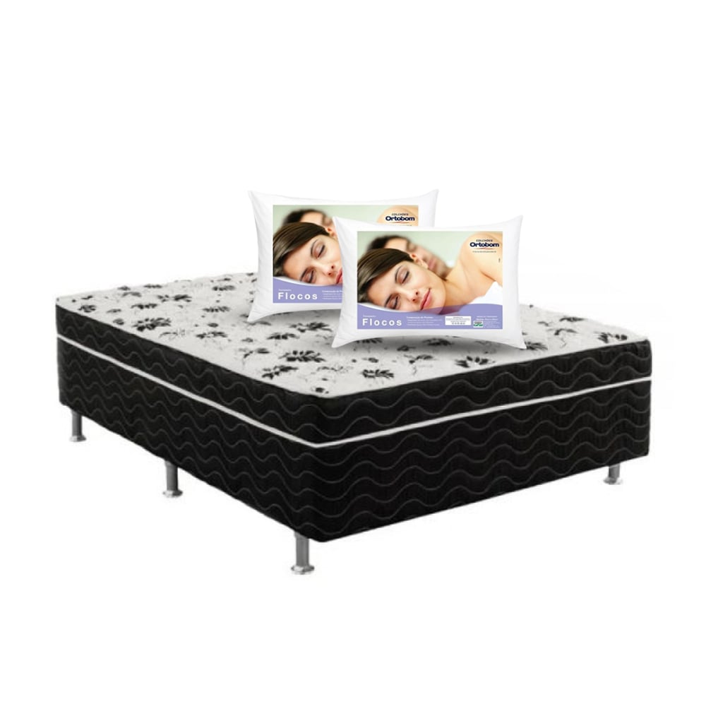 Kit - Cama Box Ortobom casal Union Ortopédica – 1,38 + 2 Travesseiro Flocos - Ortobom