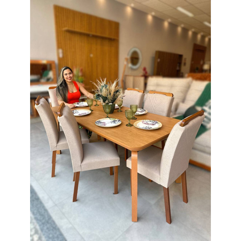 Mesa de Jantar Londrina 1.80cm Tampo Laminado com 6 cadeiras Amsterdã - Linho Bege