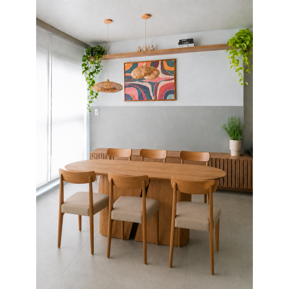 Mesa de Jantar Yasmin 180x100 - Cinamomo + 6 Cadeiras Maragogi - Linho Bege