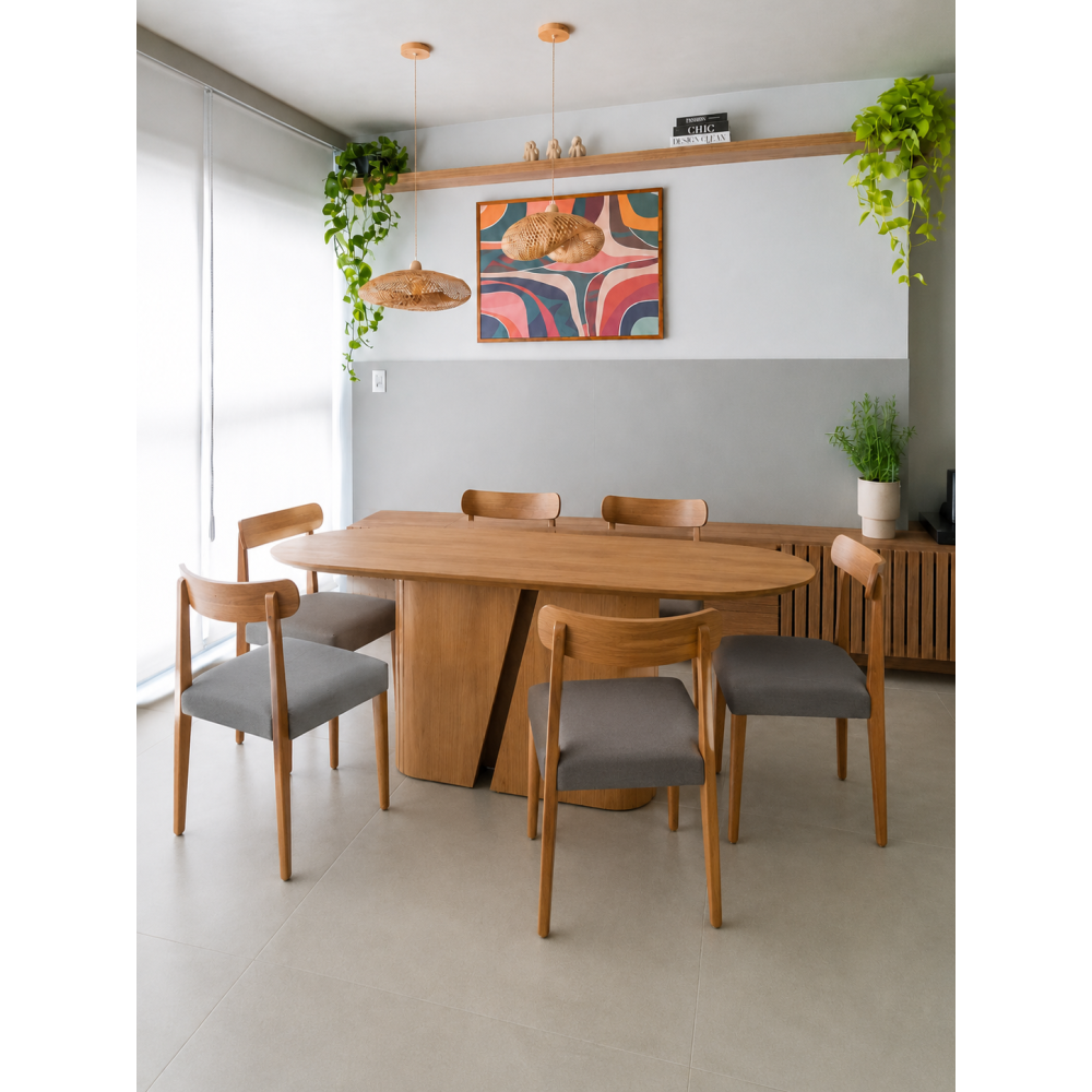 Mesa de Jantar Yasmin 180x100 - Cinamomo + 6 Cadeiras Maragogi - Linho Cinza
