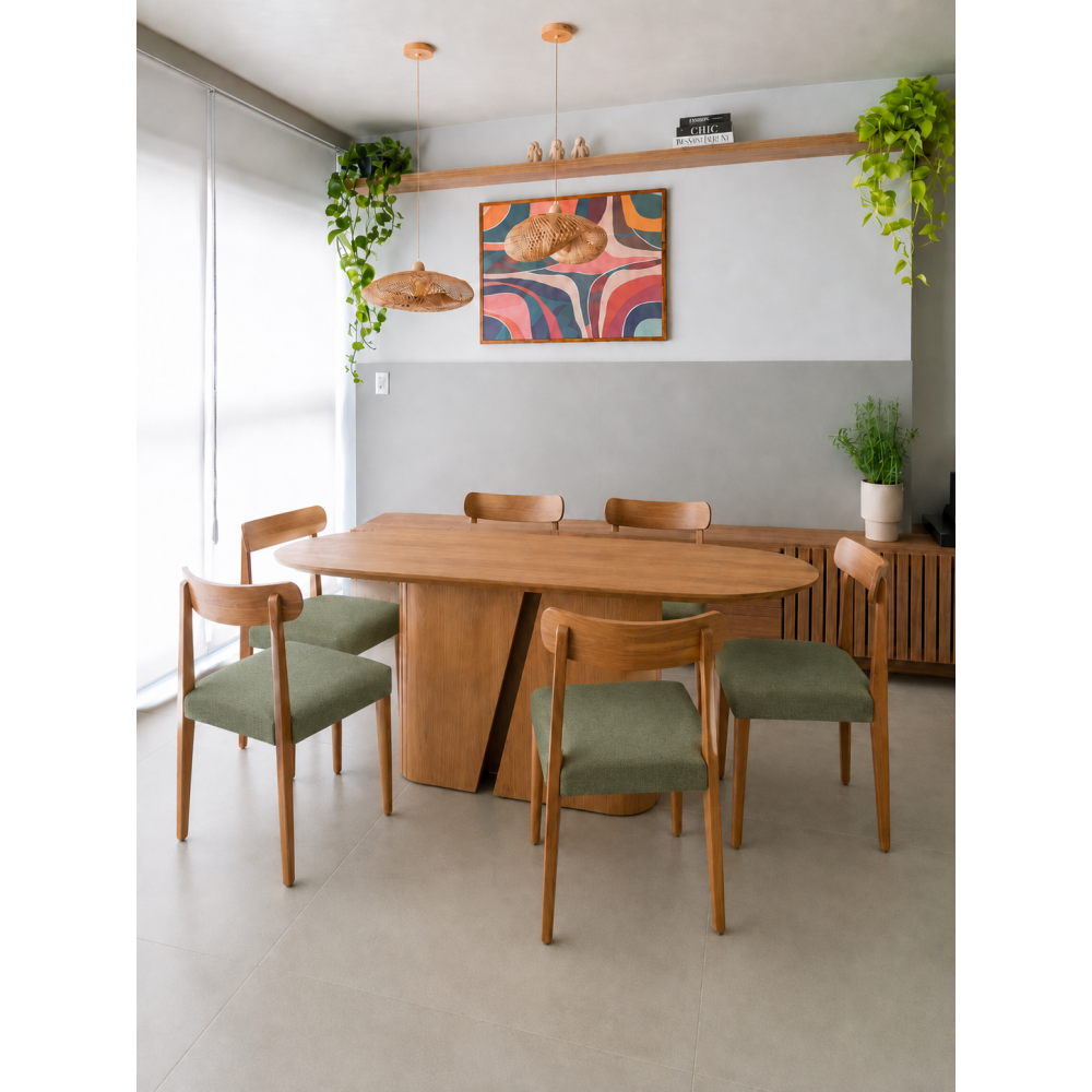 Mesa de Jantar Yasmin 180x100 - Cinamomo + 6 Cadeiras Maragogi - Linho Verde