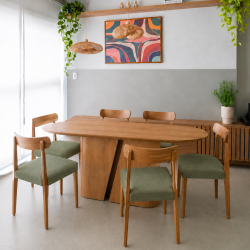 Mesa de Jantar Yasmin 180x100 - Cinamomo + 6 Cadeiras Maragogi - Linho Verde