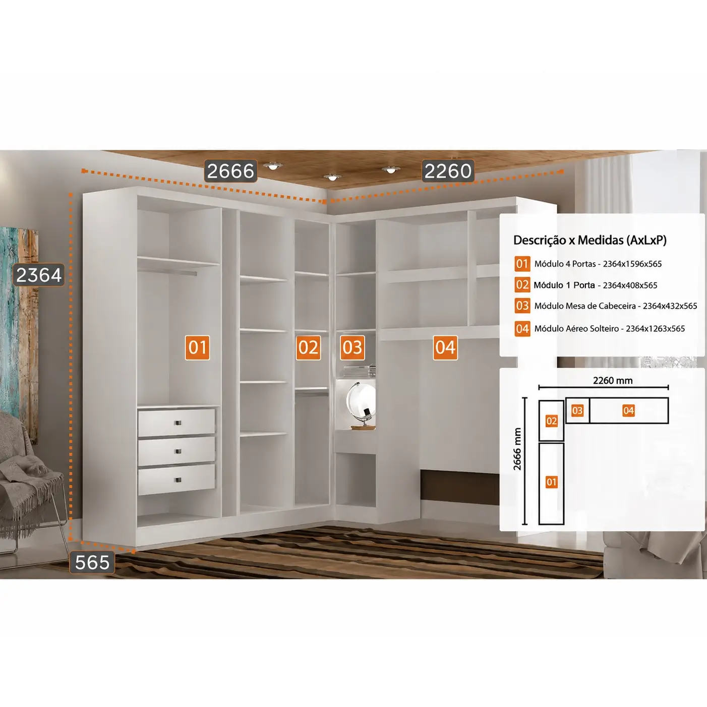 Guarda Roupa Modulado Rizon 004 Solteiro 4 Peças Novo Horizonte - Branco